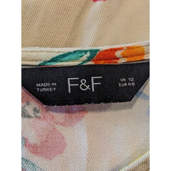 F&F Dress US Size 8 Ivory Colorful Floral Puff Sleeve Midi Waist Cut Out Summer - Picture 7 of 7